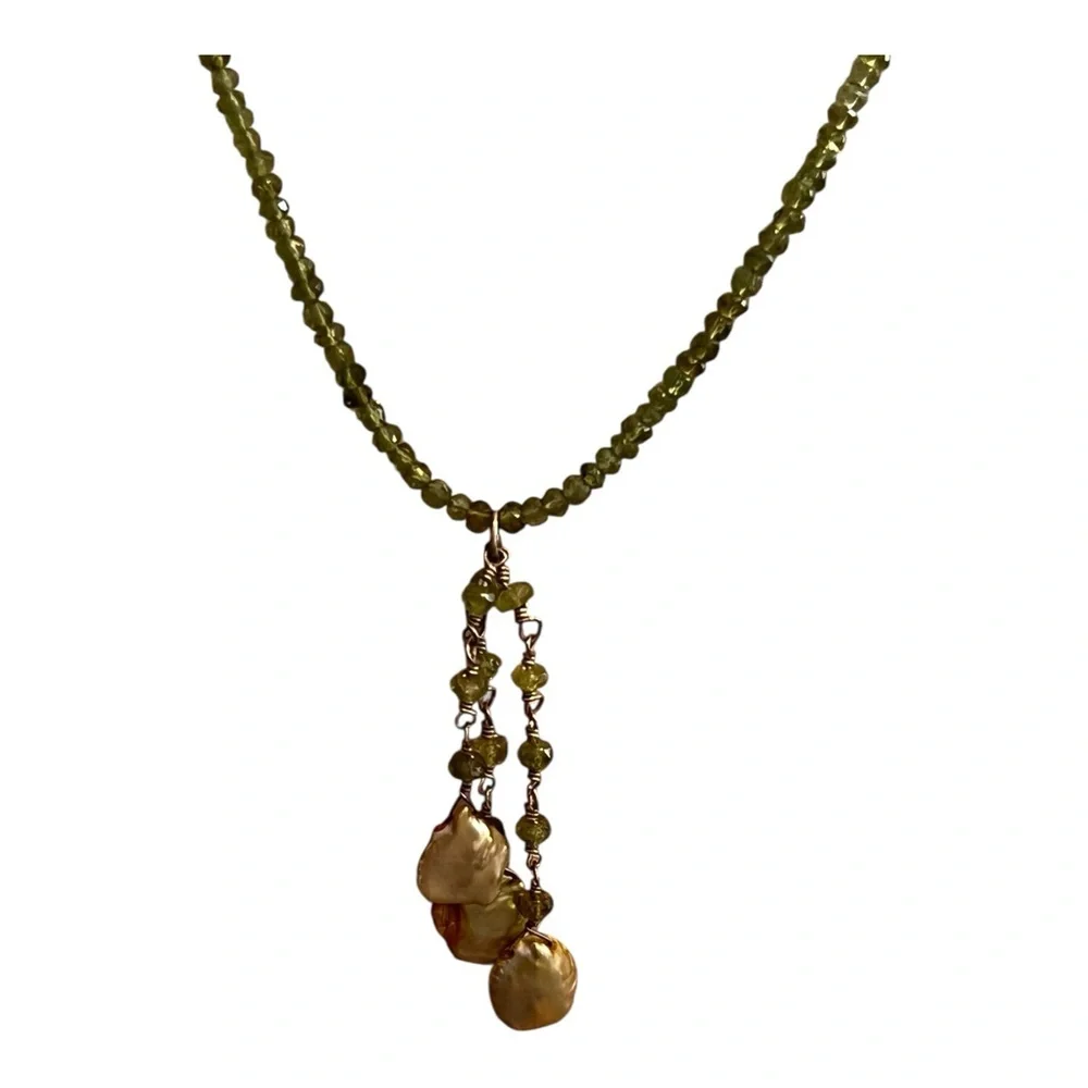 Elegant Green Beaded Necklace with Gold Pearl Accents - 16”